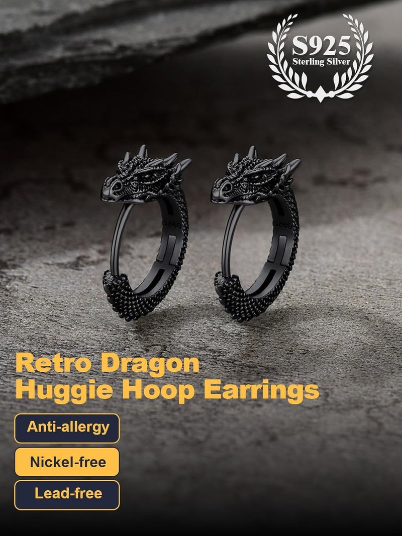 U7 Dragon Earrings Stainless Steel/18K Gold/Black/S925 Sterling Silver Hoop Earrings for Men Women, Personalized Punk Rock Huggie Earrings, Hypoallergenic - Image 4